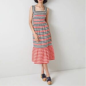 NWT LK Bennet Dr June Navy Red Stripe Midi Dress US14 Cotton Pockets Tiered